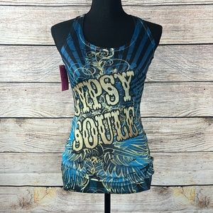 GYPSY SOULE Blue & Gold Wings Guitar Tank Top Size S NWT